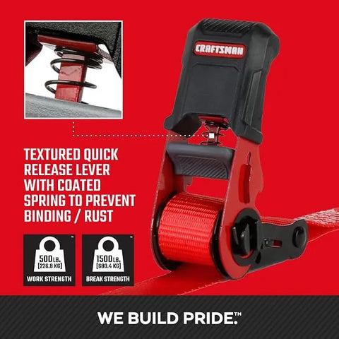 CRAFTSMAN 1" x 12' x 1,500 lbs Ergonomic Light-Duty Ratchet Straps, 4-Pack | 1,500 lbs Break Strength, Weather-Resistant, Padded Ergonomic Grip Handles, Coated S-hooks, Easy to Secure Lightweight Cargo