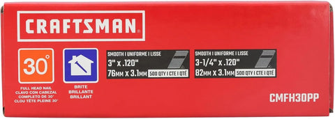 CRAFTSMAN Framing Nails Paper Collated Smooth 30 Degree, 3-1/4 inch x 0.12 inch and 3 in x 0.12 inch, 500 Qty Each (CMFH30PP)