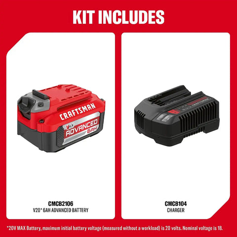 CRAFTSMAN V20 6 Ah Advanced Battery Starter Kit, Includes V20 Battery and Charger (CMCB2106-CK)