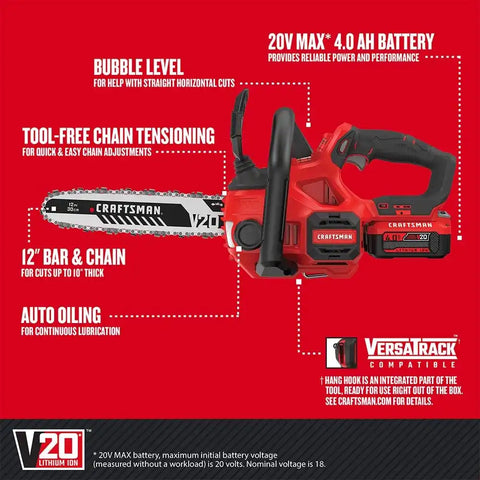 CRAFTSMAN V20 Cordless Chainsaw, 12-Inch Electric Chainsaw, Battery Powered, Battery and Charger Included (CMCCS620M1)