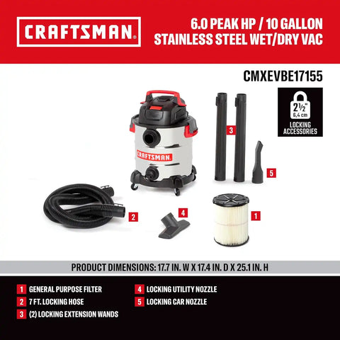 CRAFTSMAN CMXEVBE17155 10 Gallon 6.0 Peak HP Stainless Steel Wet Dry Vac