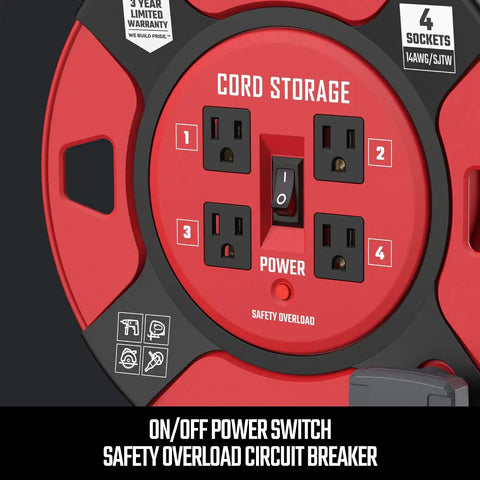 CRAFTSMAN Retractable Extension Cord Reel, 4 Outlets, Cable Management | 14 AWG SJTW cable, heavy-duty construction, organized storage for cords