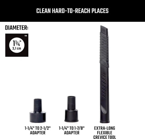 CRAFTSMAN CMXZVBE38786 1-1/4 in. Wet Dry Shop Vacuum Attachment Kit | Industrial-Grade Flexible Crevice Tool for Cleaning Tight Spaces, Fits 1-7/8 in. and 2-1/2 in. Hose Diameters