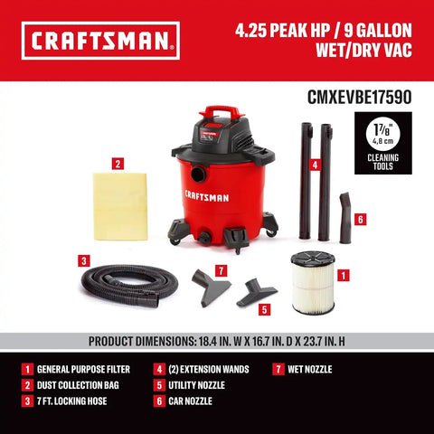 CRAFTSMAN CMXEVBE17590 9 Gallon 4.25 Peak HP Wet Dry Shop Vacuum | General Purpose Wet and Dry Vac with Filter, Dust Bag, Hose and Attachments for Home, Garage and Automotive Cleaning