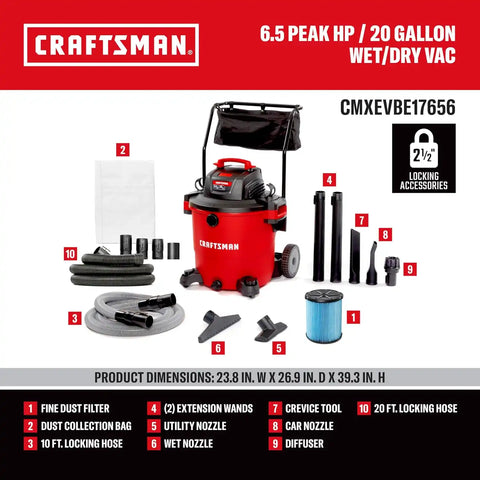 CRAFTSMAN CMXEVBE17656 20 Gallon 6.5 Peak HP Wet Dry Vac with Cart, Heavy-Duty Shop Vacuum Wet and Dry with Fine Dust Filter, Dust Bag, 20 ft. Hose and Attachments for Shop, Garage, Jobsite Cleaning