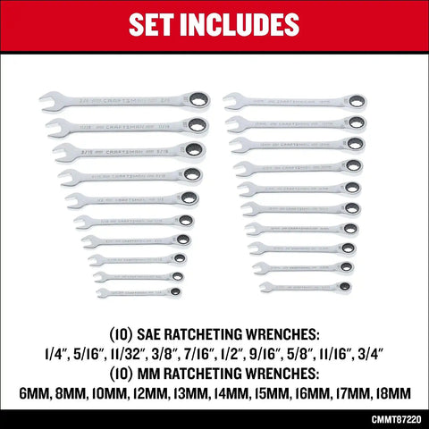CRAFTSMAN Ratchet Wrenches Set, 20 Pc, 90 Tooth SAE/Metric Ratcheting Wrench Set with Case, 4 Degree Arc Swing (CMMT87220)