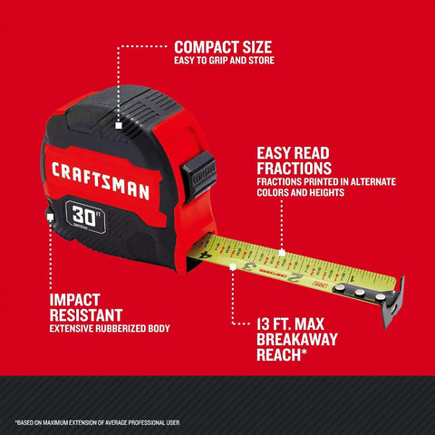 CRAFTSMAN 30-ft Tape Measure with Fraction Markings, Retractable (CMHT37445S)