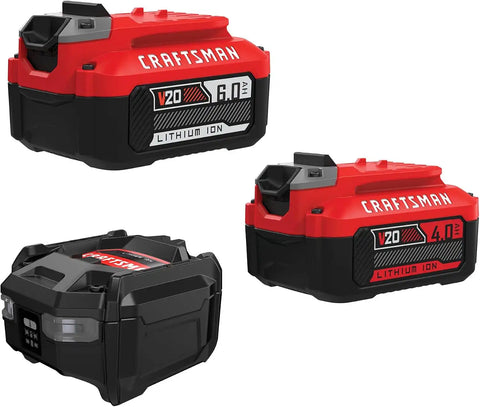 CRAFTSMAN 20V Battery and Charger Set, 4Ah and 6Ah Lithium Ion Batteries and 1 Charger, Cordless Tool Battery Packs (CMCB2046-CK)